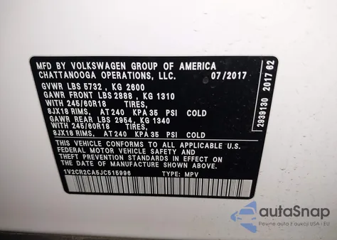 2018 Volkswagen Atlas 3.6L V6 Se from USA, damaged, VIN 1V2CR2CA5JC515996